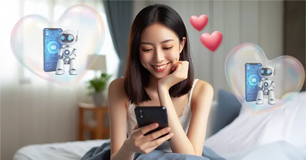 Chinesische Frau schreibt mit Chatbot